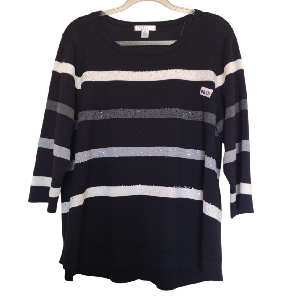 Spense Knit Top Woman's 2X Black White Striped‎ Rhinestone 3/4 Sleeves Sweater